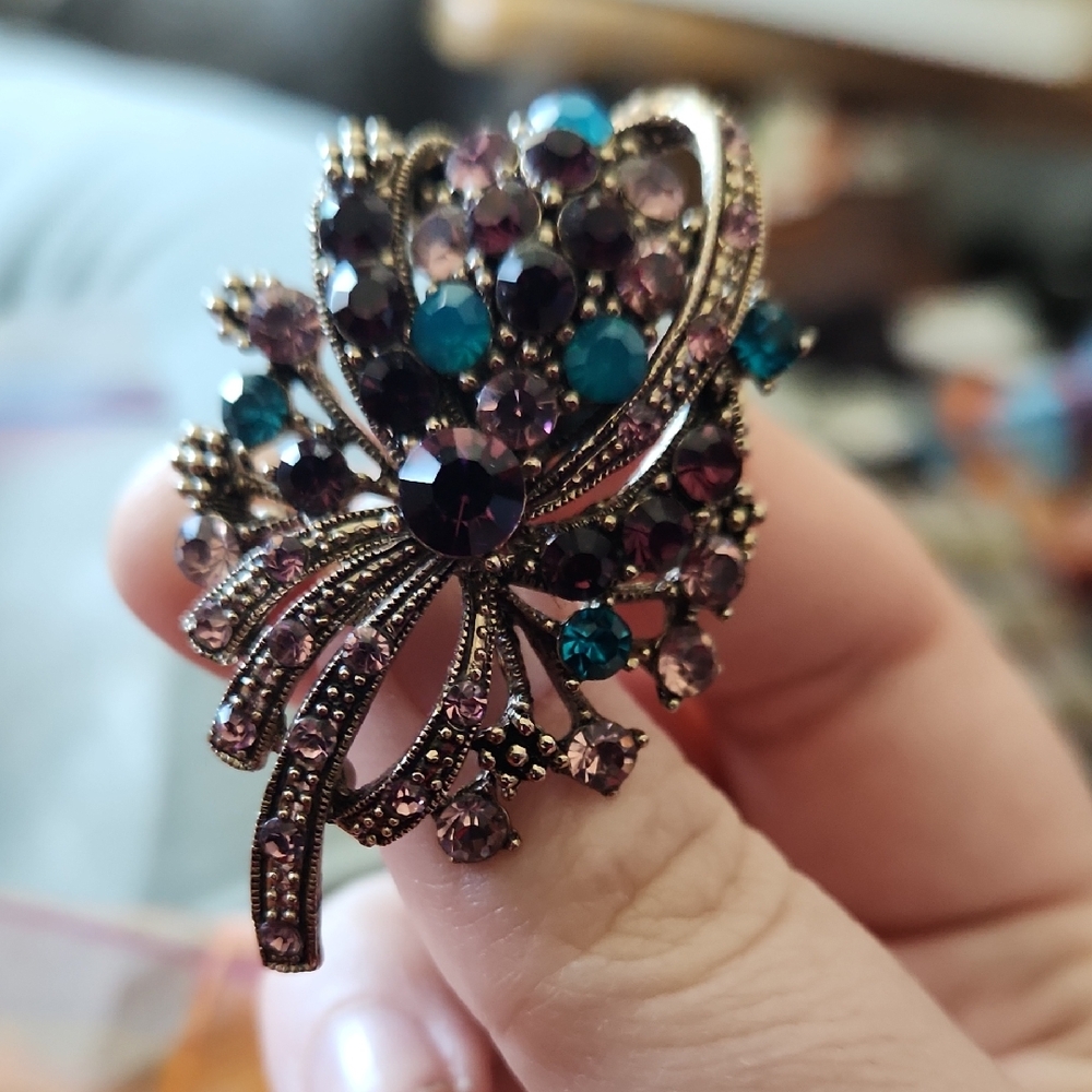 Source Unknown Purple and Teal Crystal Brooch